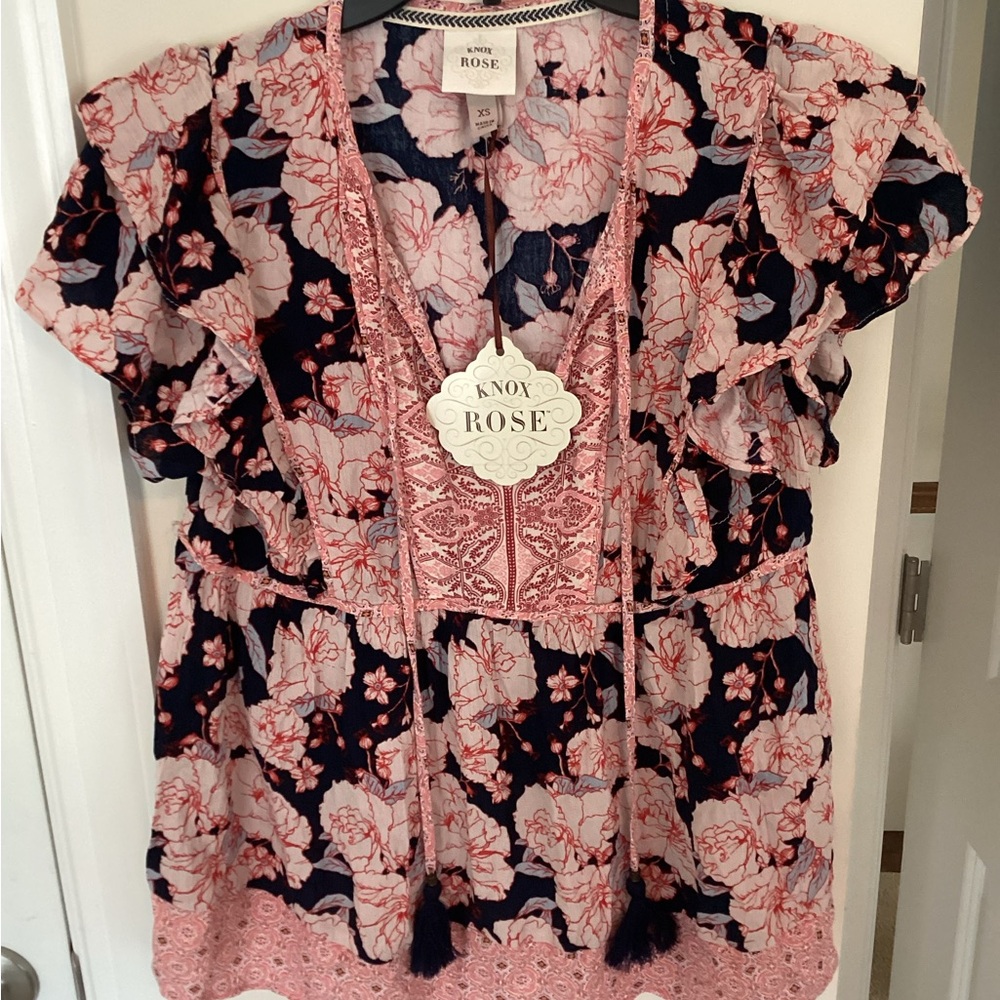 Knox Rose Pink and Navy Floral Blouse